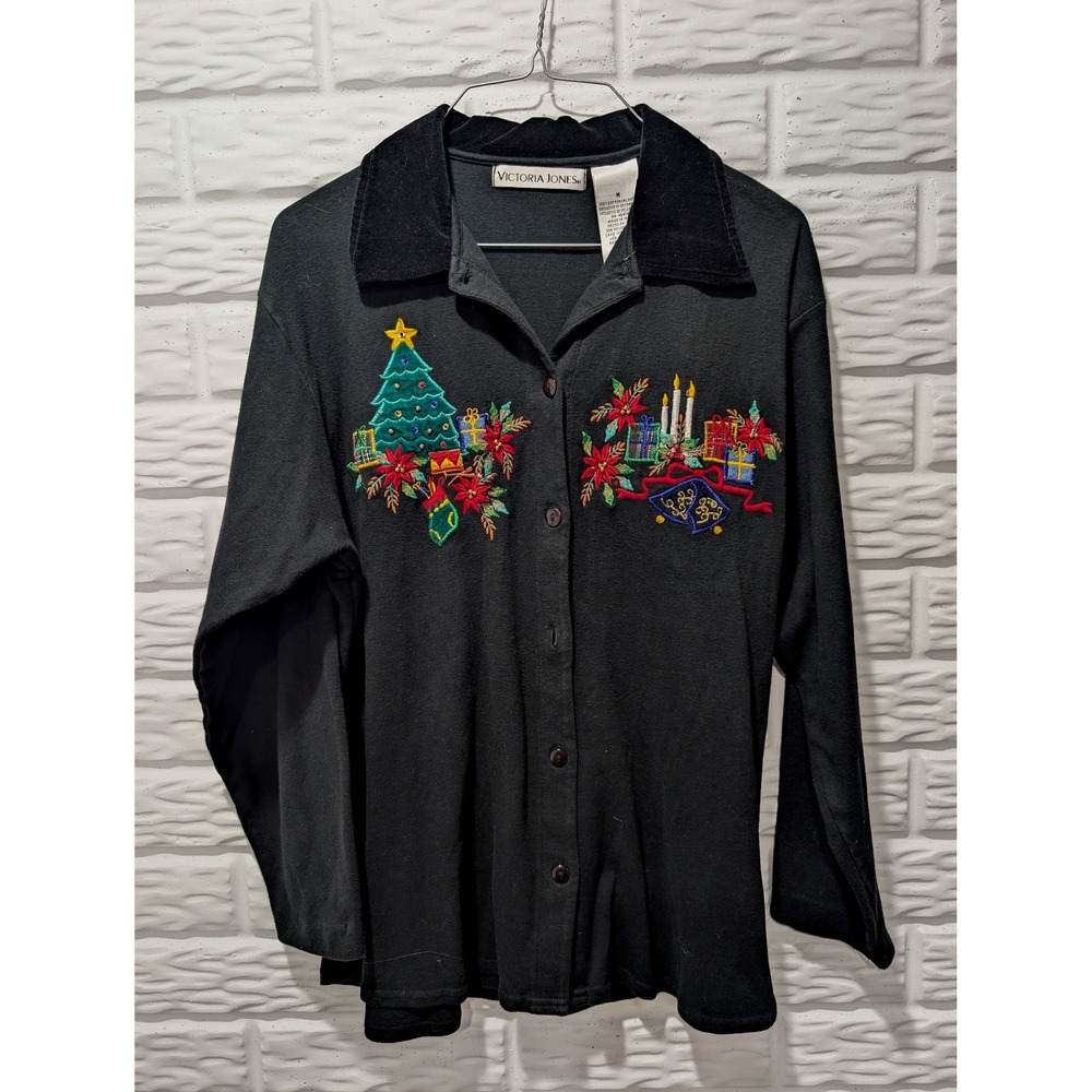 Vintage Womens Black Christmas Embroidered Button Up Velvet Collar Top M Granny